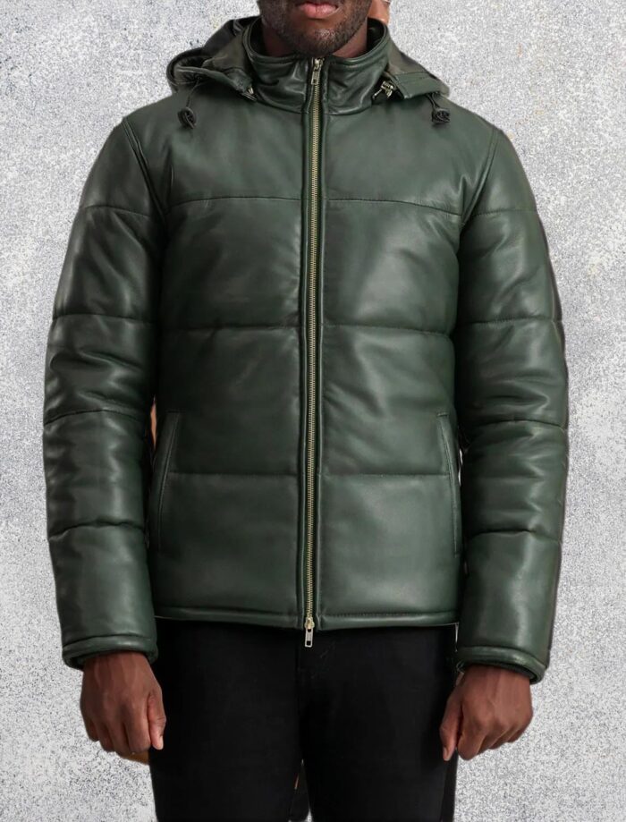 Axel Green Hooded Leather Puffer Jacket for Men