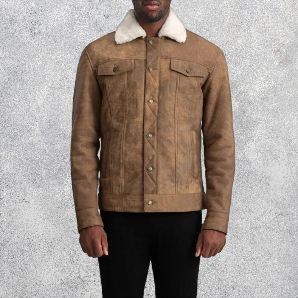 Axel Snuffed Brown Shearling Trucker Jacket for Men