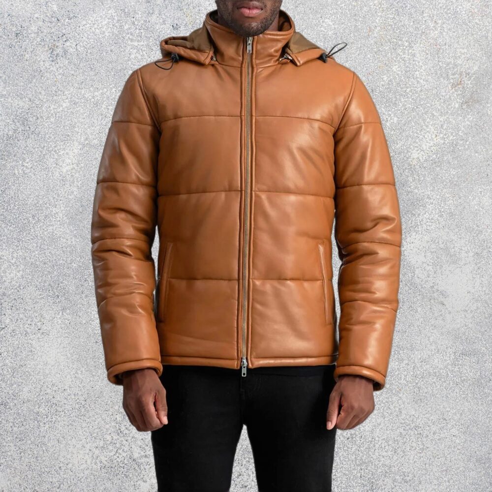 Axel Tan Hooded Leather Puffer Jacket for Men