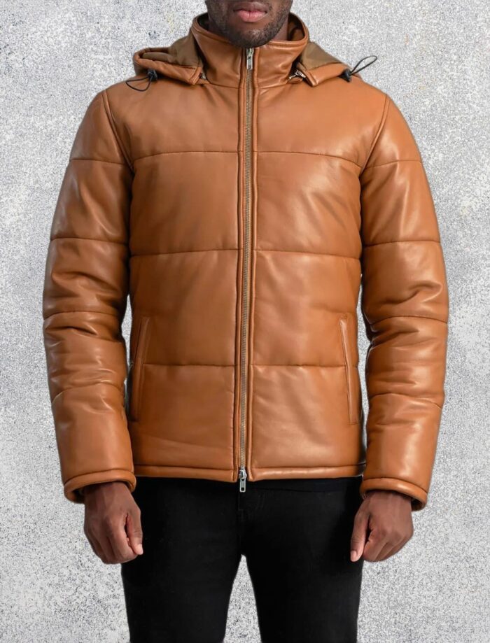 Axel Tan Hooded Leather Puffer Jacket for Men