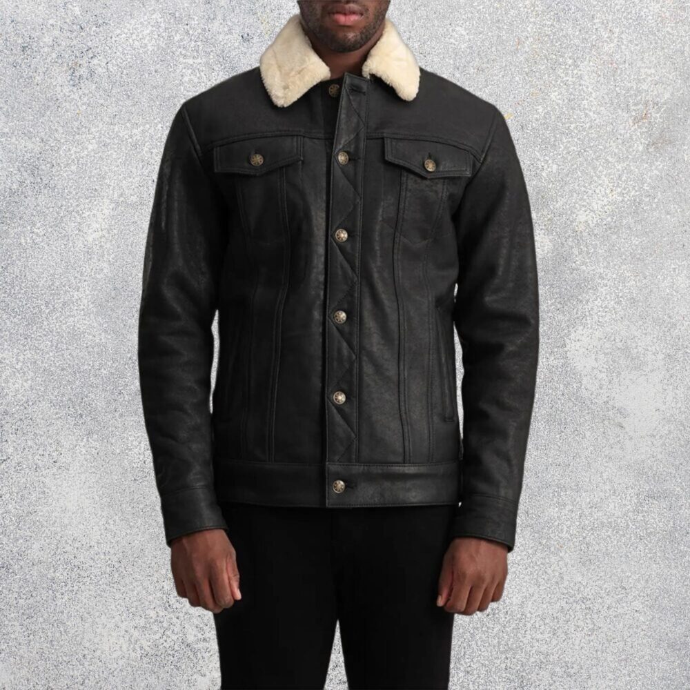 Axel Tumbled Black Shearling Trucker Sheepskin Jacket for Men