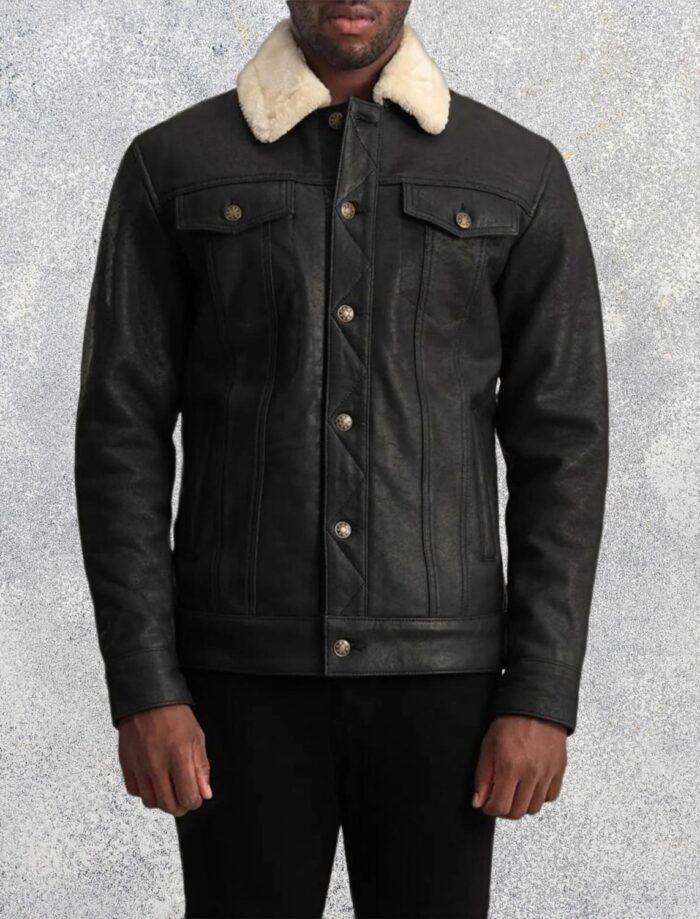Axel Tumbled Black Shearling Trucker Sheepskin Jacket for Men
