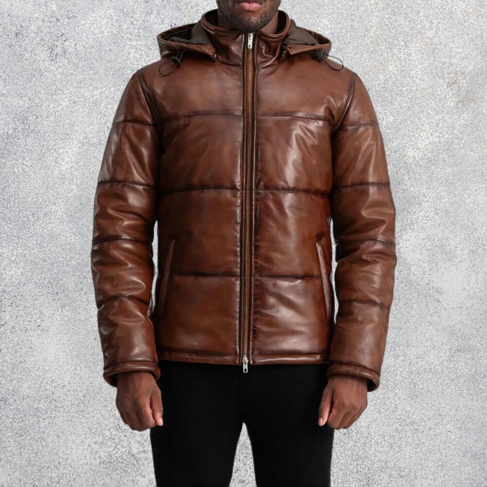 Axel Waxed Brown Hooded Leather Puffer Jacket for Men