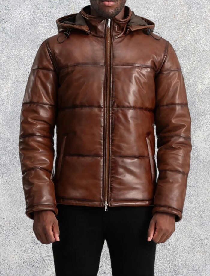 Axel Waxed Brown Hooded Leather Puffer Jacket for Men