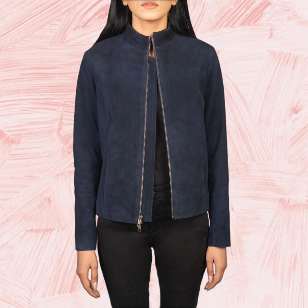 Azura Blue Suede Biker Jacket for Women