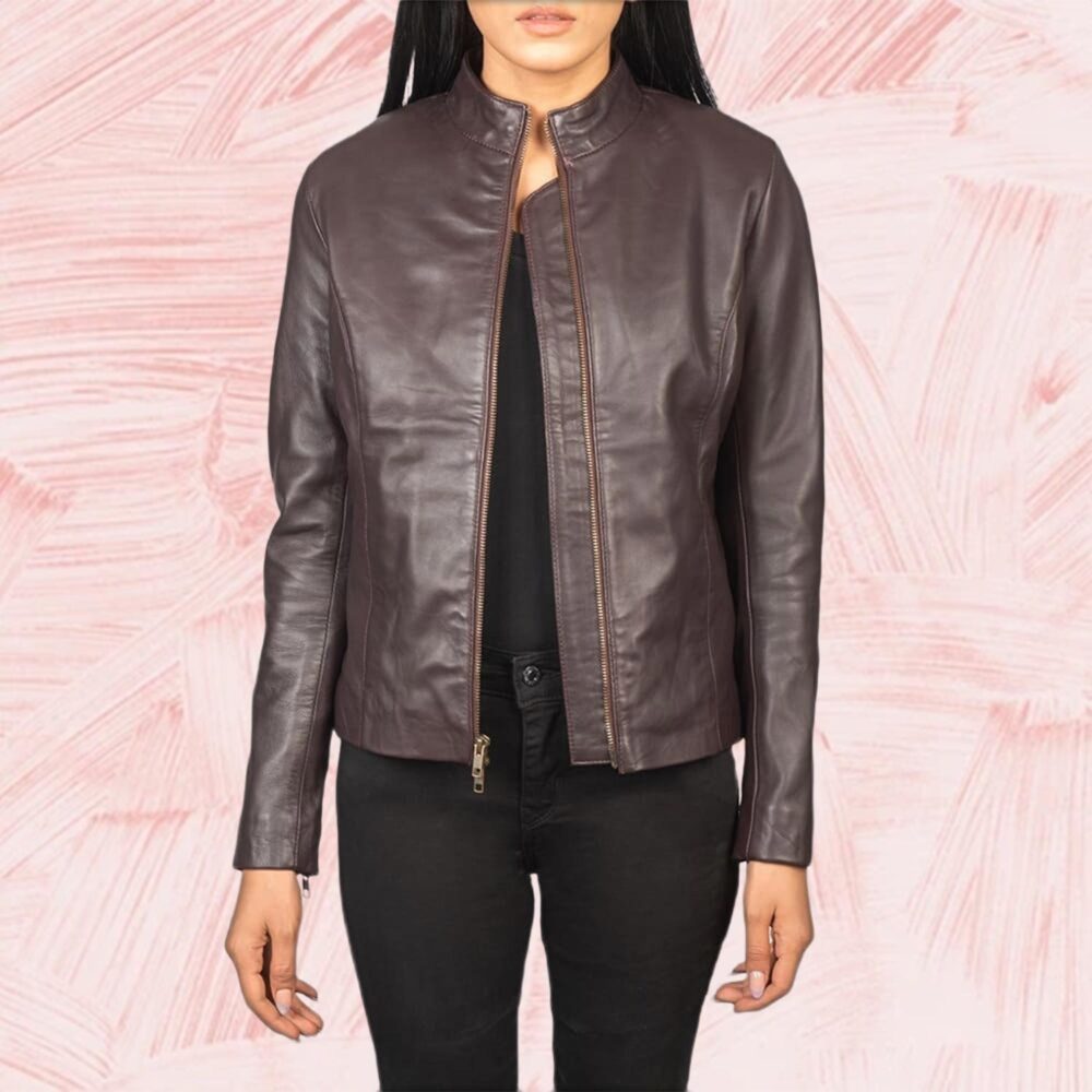 Azura Maroon Leather Biker Jacket for Women