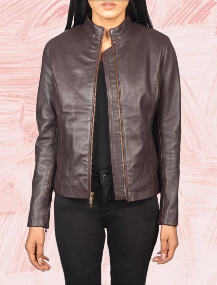 Azura Maroon Leather Biker Jacket for Women