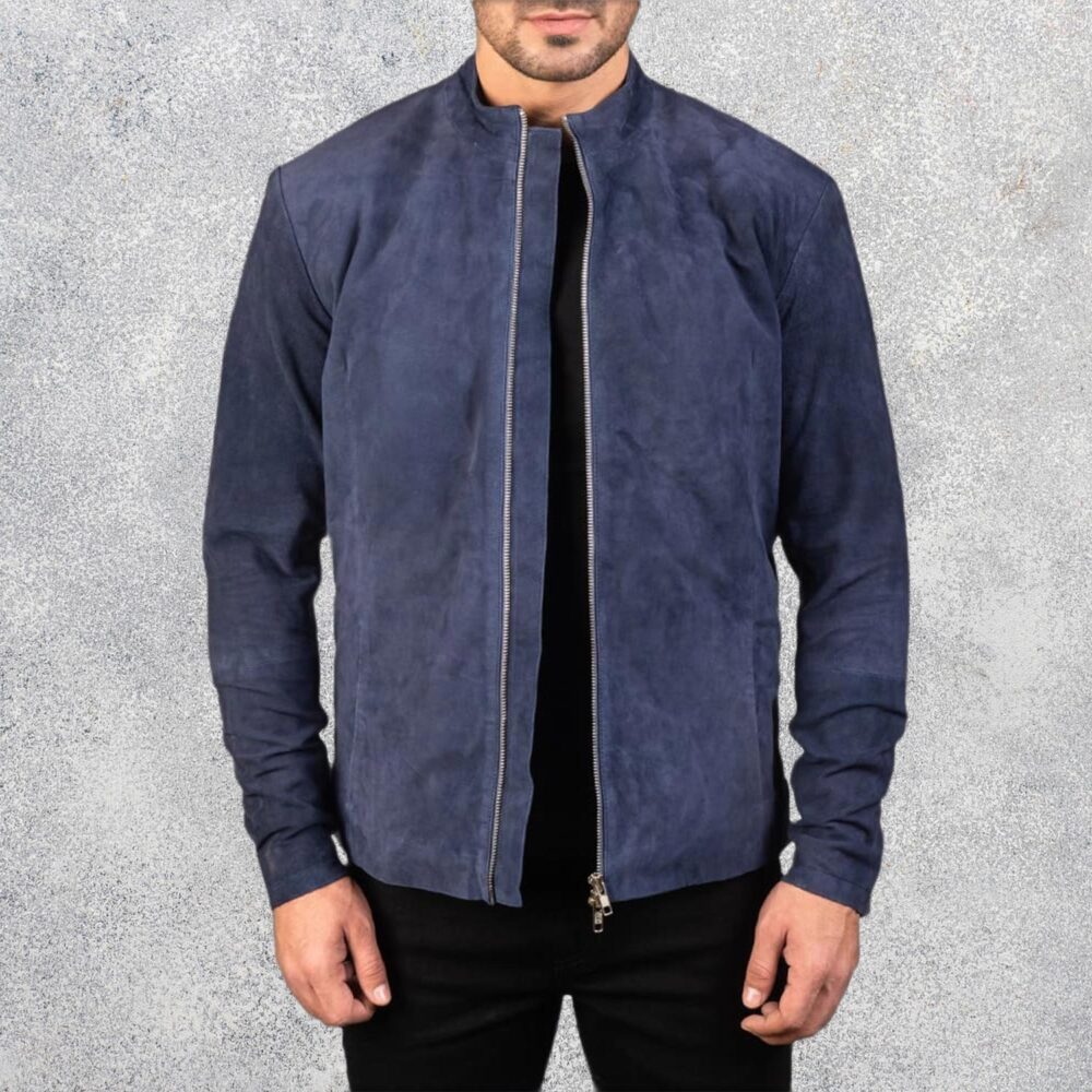 Azure Edge Navy Blue Suede Biker Jacket
