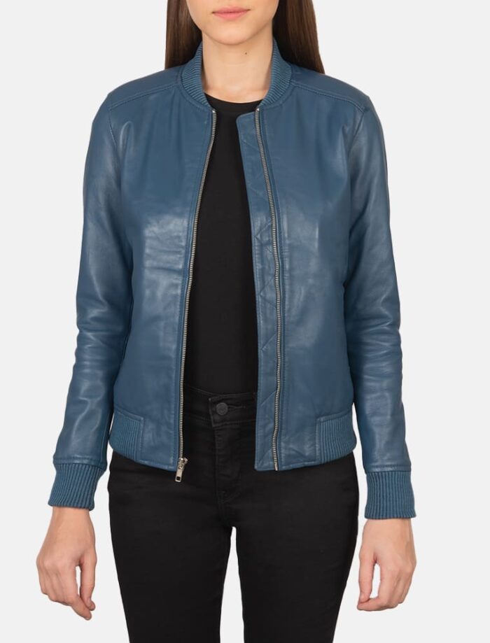 Serena Blue Leather Bomber Jacket for Women