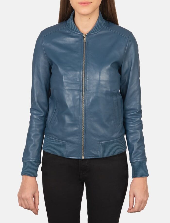 Serena Blue Leather Bomber Jacket for Women