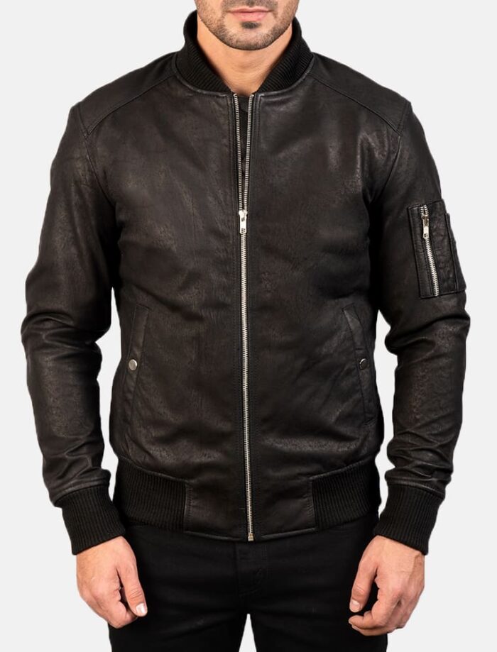 Baron MA-1 Distressed Black Men's Leather Bomber Jacket