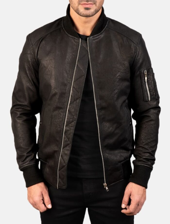 Baron MA-1 Distressed Black Men's Leather Bomber Jacket