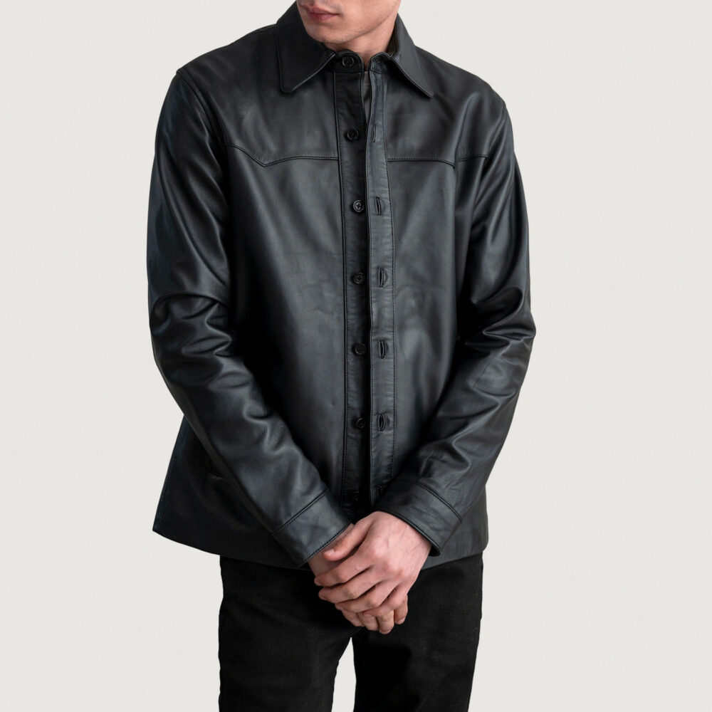 Savion Black Leather Shirt for Men