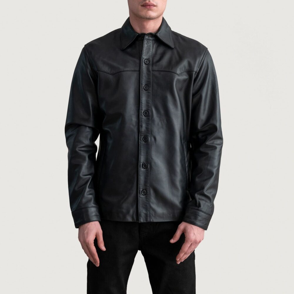 Savion Black Leather Shirt for Men