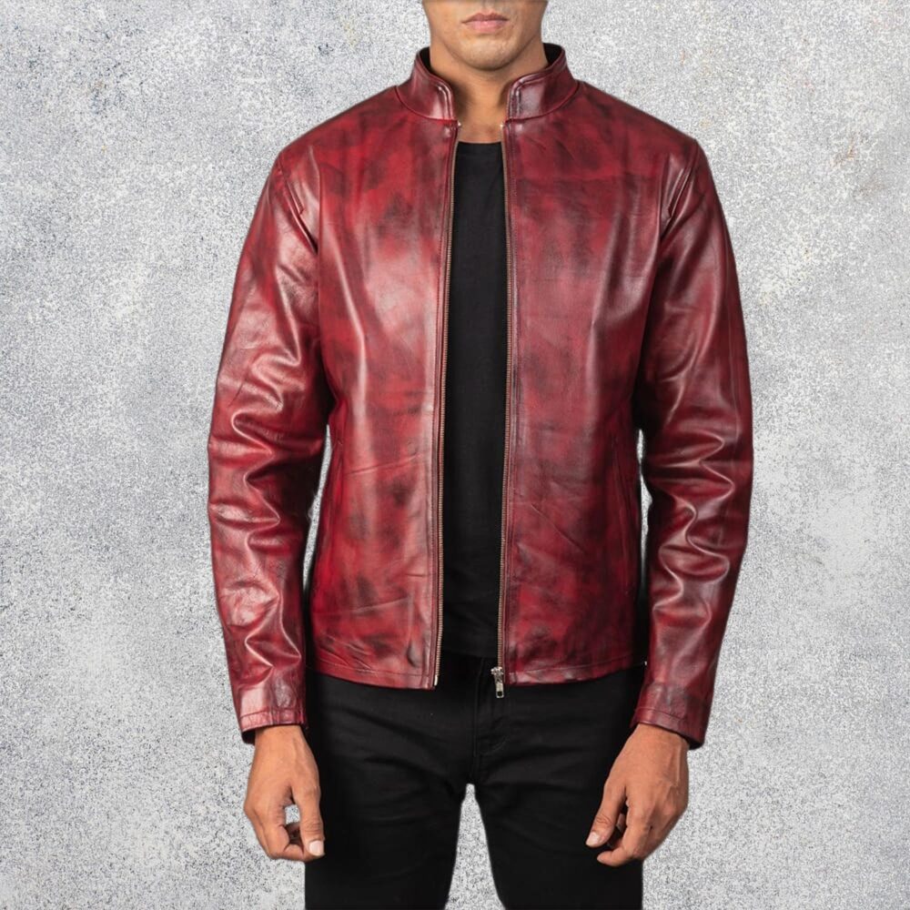 Burgano Distressed Burgundy Leather Jacket for Men