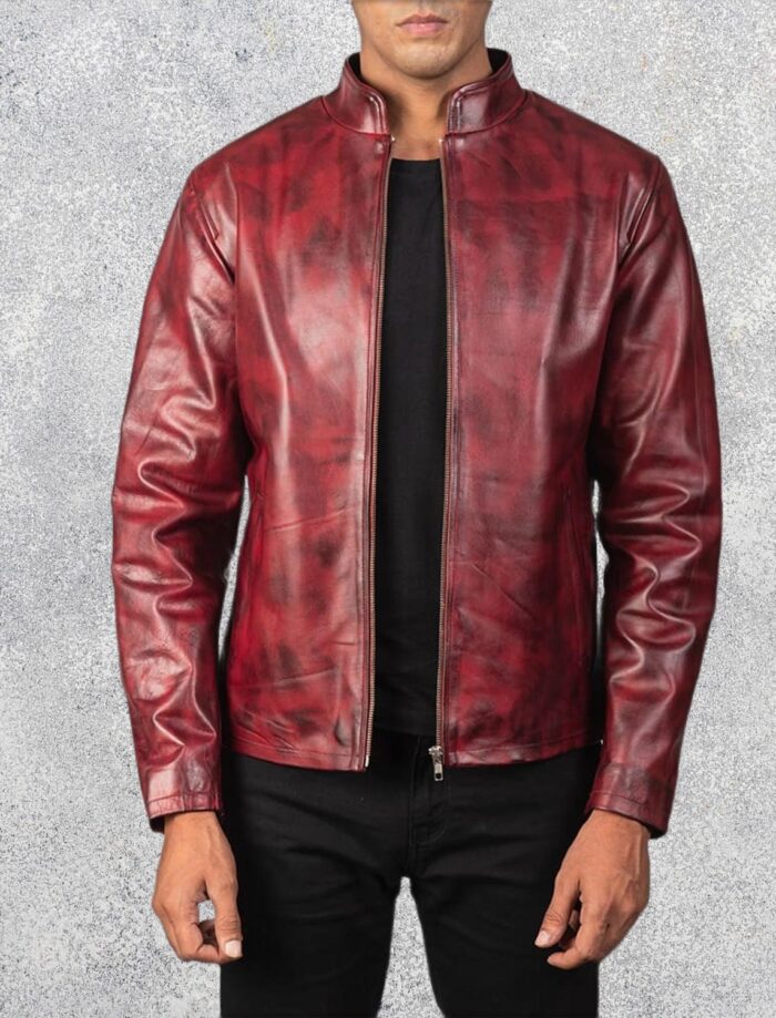 Burgano Distressed Burgundy Leather Jacket for Men