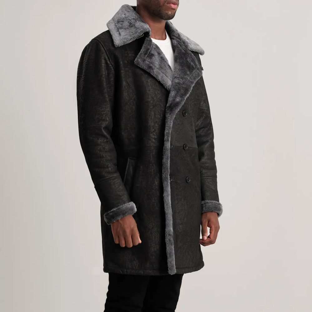 Victor Men's Distressed Black Shearling Double-Breasted Coat