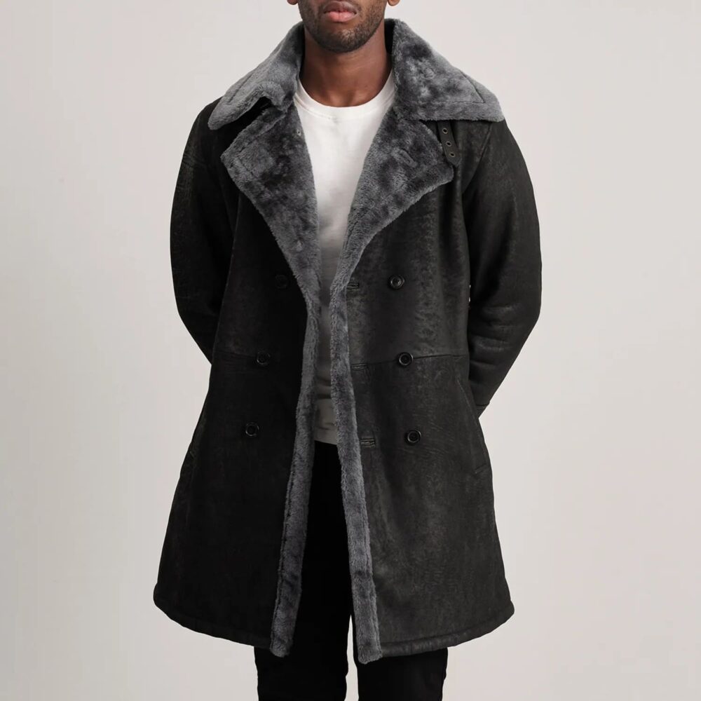 Victor Men's Distressed Black Shearling Double-Breasted Coat