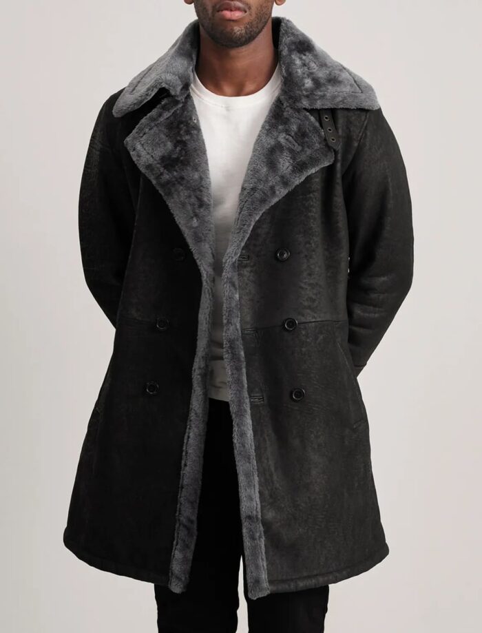 Victor Men's Distressed Black Shearling Double-Breasted Coat