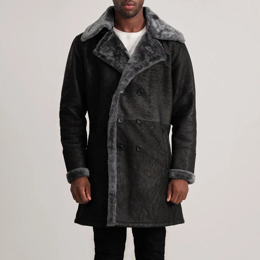 Victor Men's Distressed Black Shearling Double-Breasted Coat