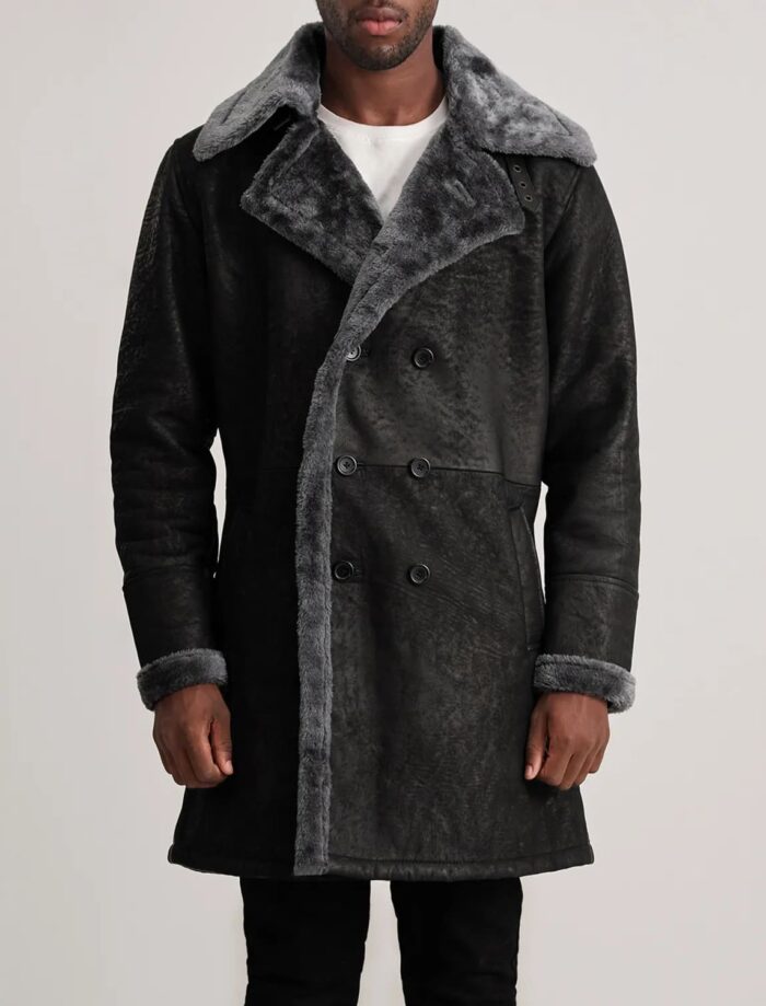 Victor Men's Distressed Black Shearling Double-Breasted Coat