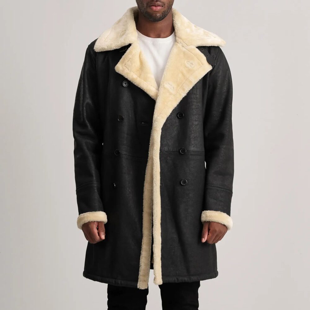 Victor Men's Tumbled Black Leather Shearling Double-Breasted Coat