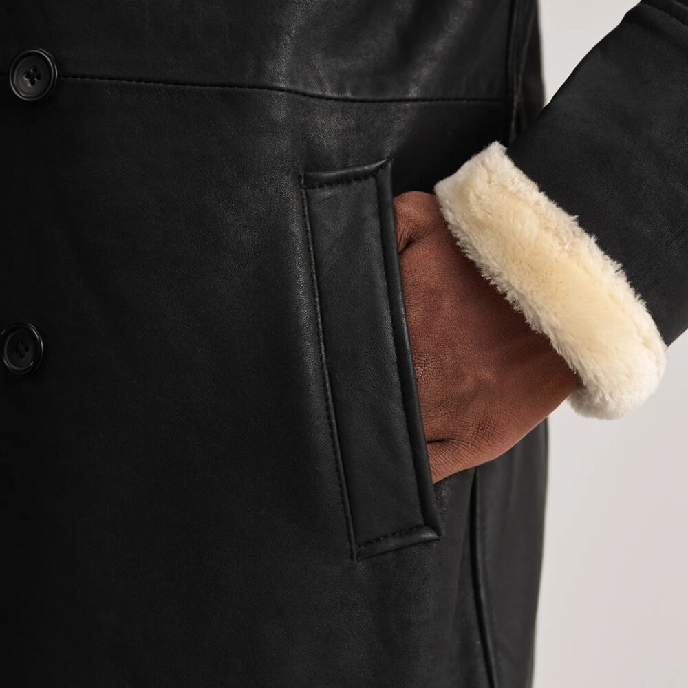 Victor Men's Tumbled Black Leather Shearling Double-Breasted Coat