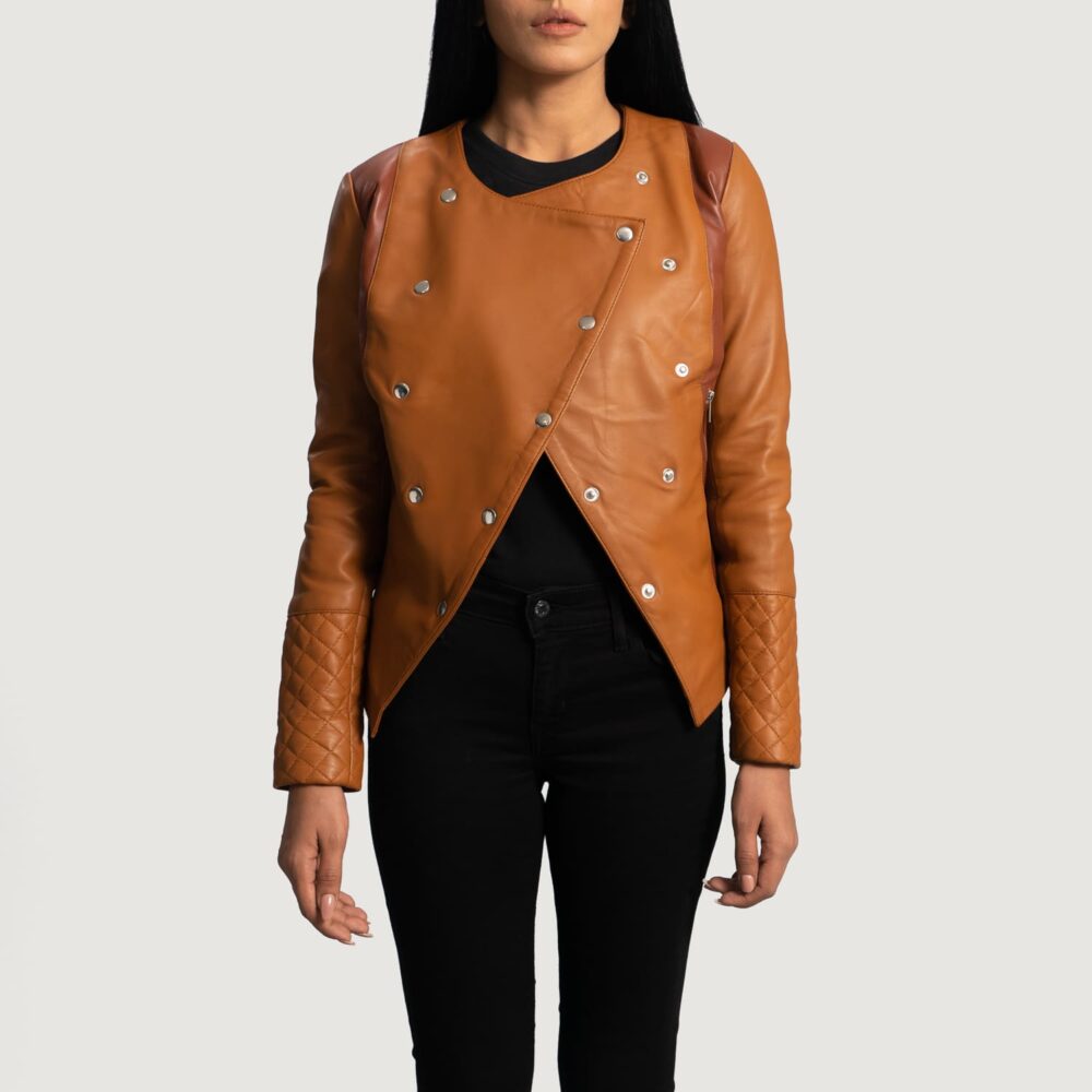 Sienna Tan Overlap Leather Jacket for Women