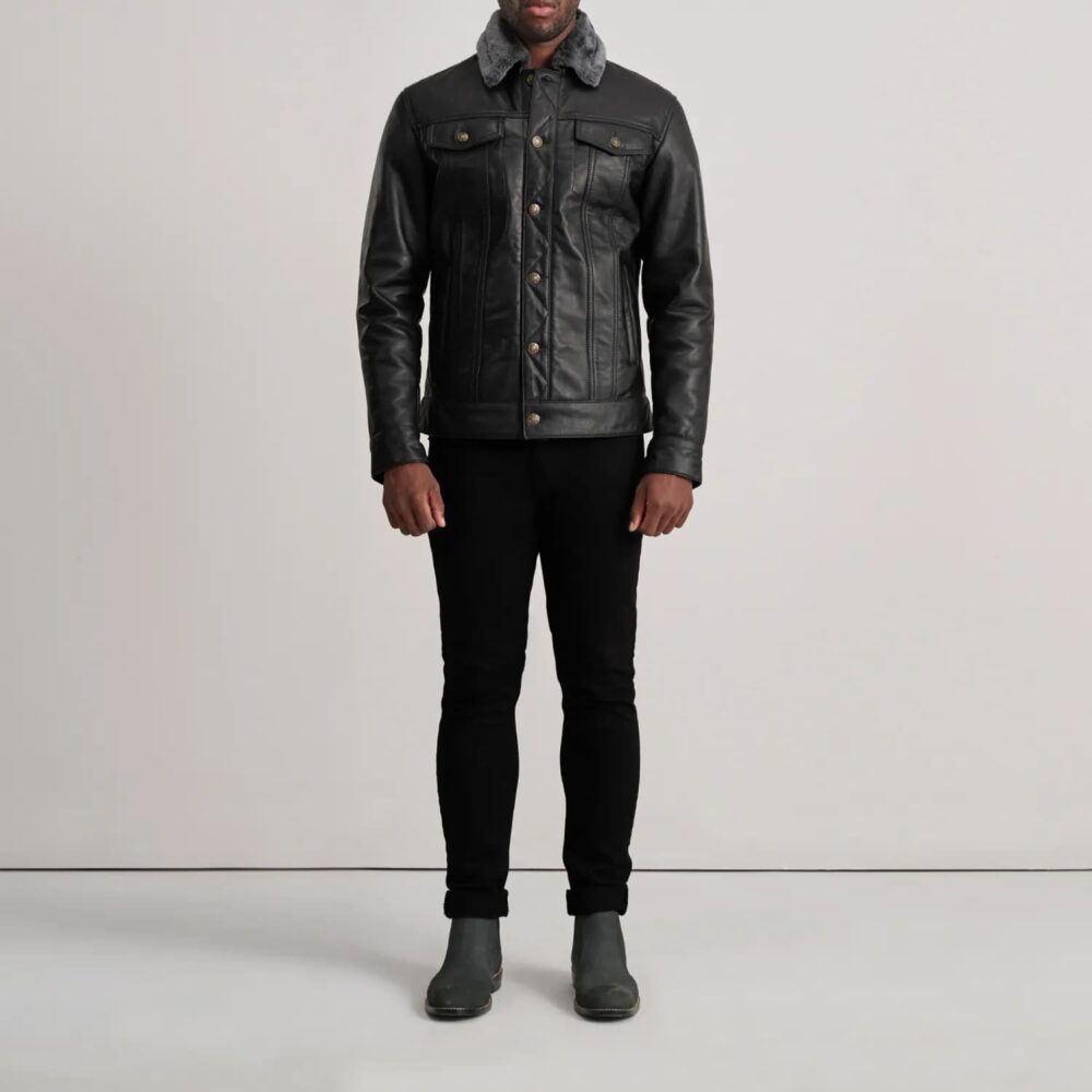 Axel Black Leather Shearling Trucker Jacket for Men