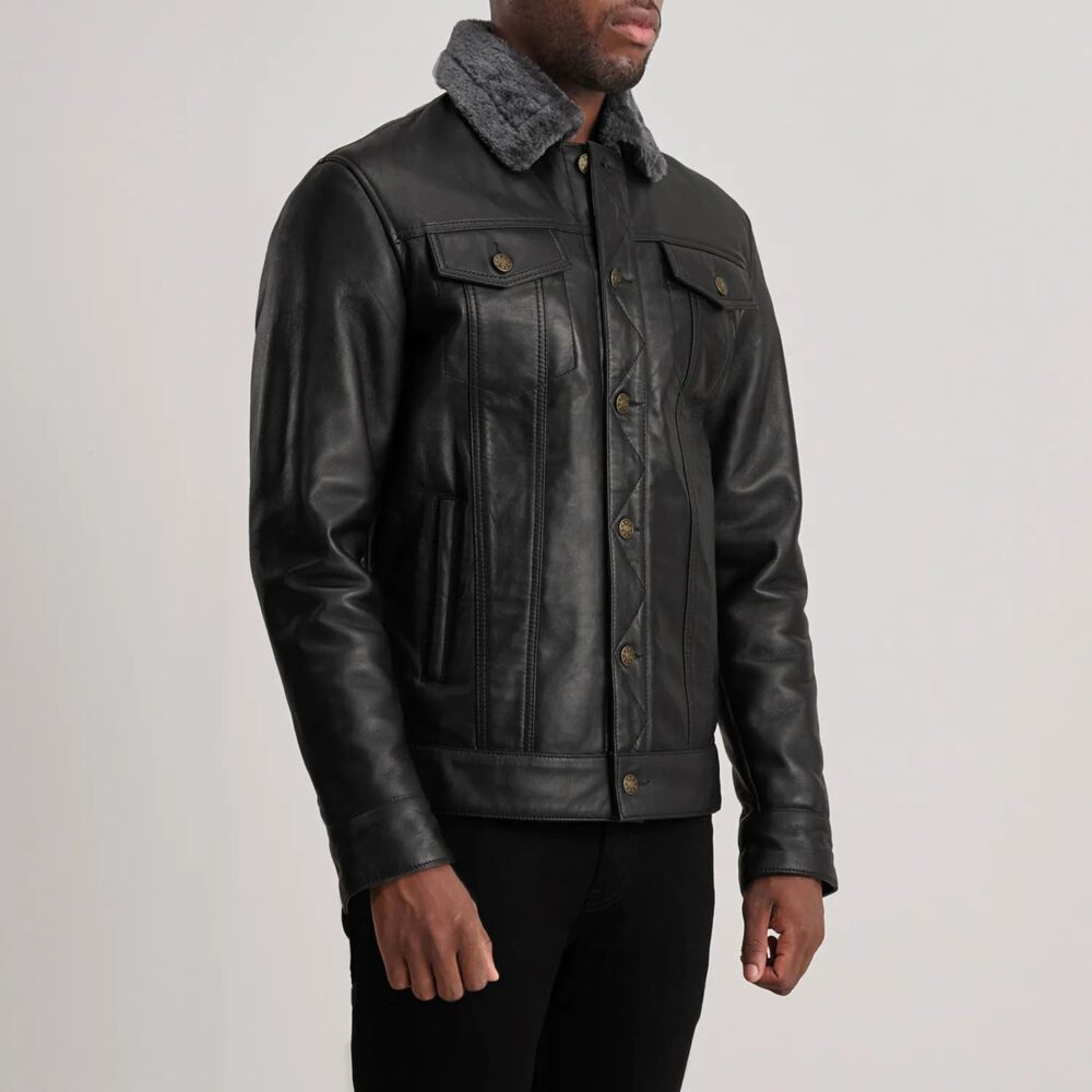 Axel Black Leather Shearling Trucker Jacket for Men