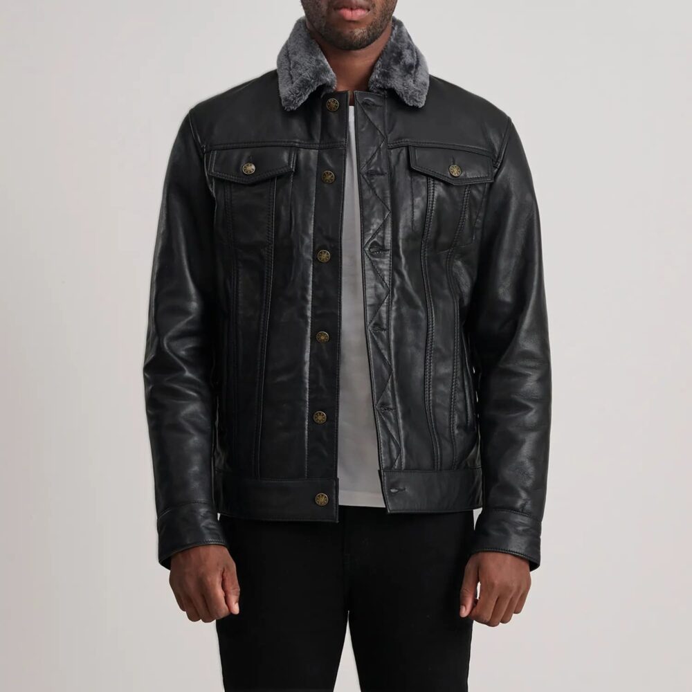 Axel Black Leather Shearling Trucker Jacket for Men