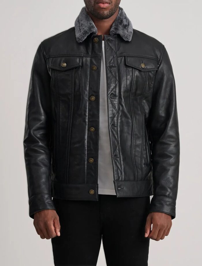 Axel Black Leather Shearling Trucker Jacket for Men