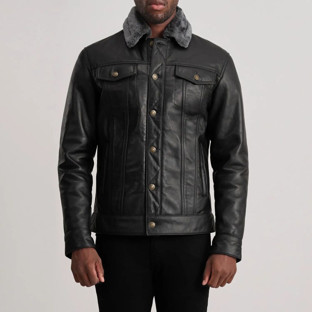 Axel Black Leather Shearling Trucker Jacket for Men