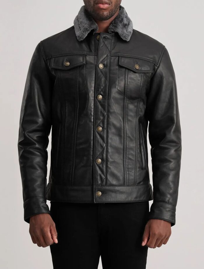 Axel Black Leather Shearling Trucker Jacket for Men