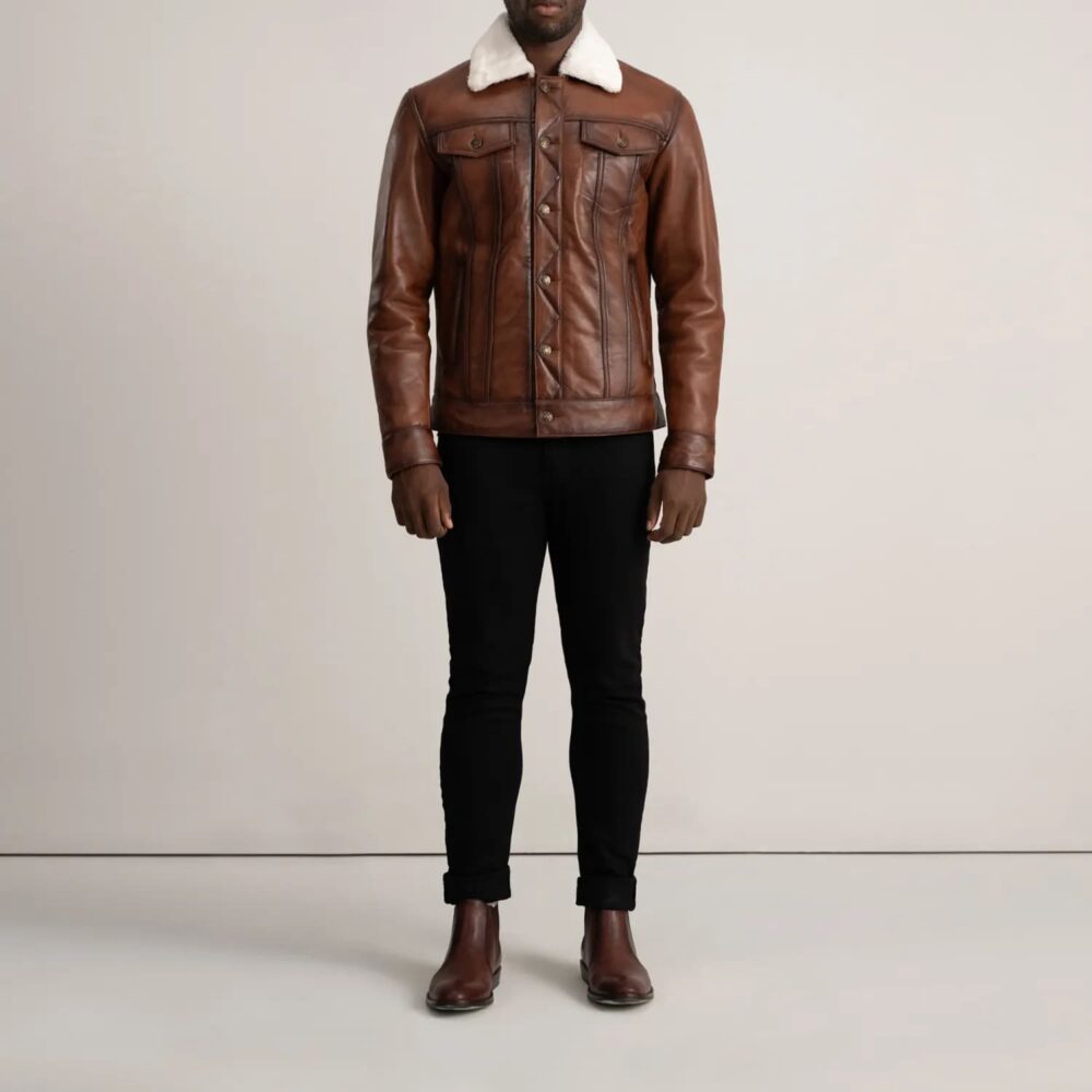 Axel Brown Leather Shearling Trucker Jacket for Men