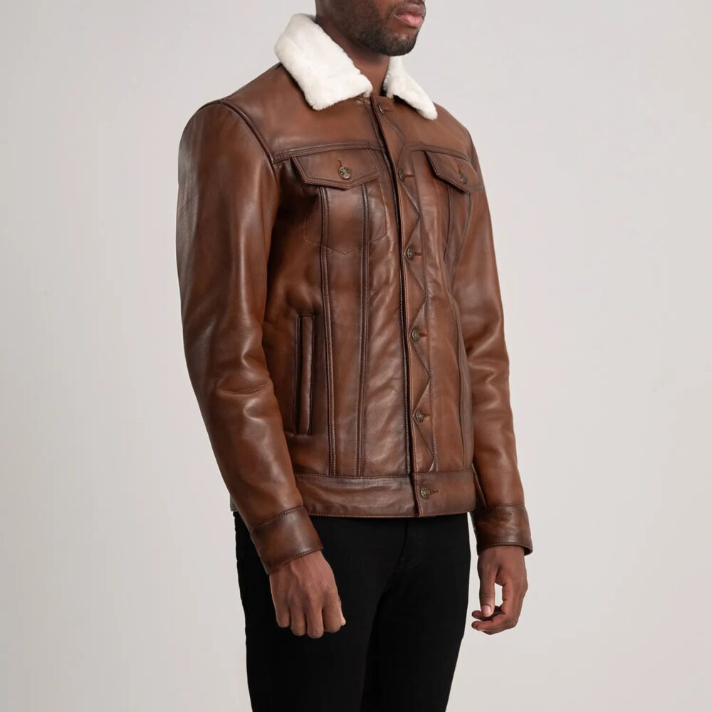 Axel Brown Leather Shearling Trucker Jacket for Men