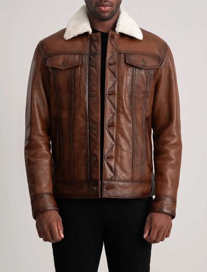 Axel Brown Leather Shearling Trucker Jacket for Men