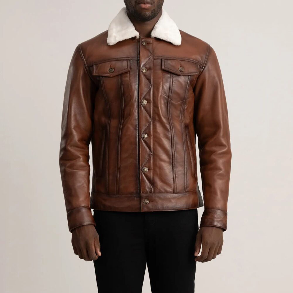 Axel Brown Leather Shearling Trucker Jacket for Men