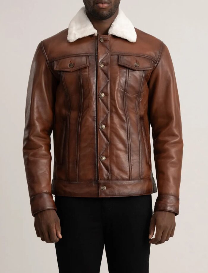 Axel Brown Leather Shearling Trucker Jacket for Men