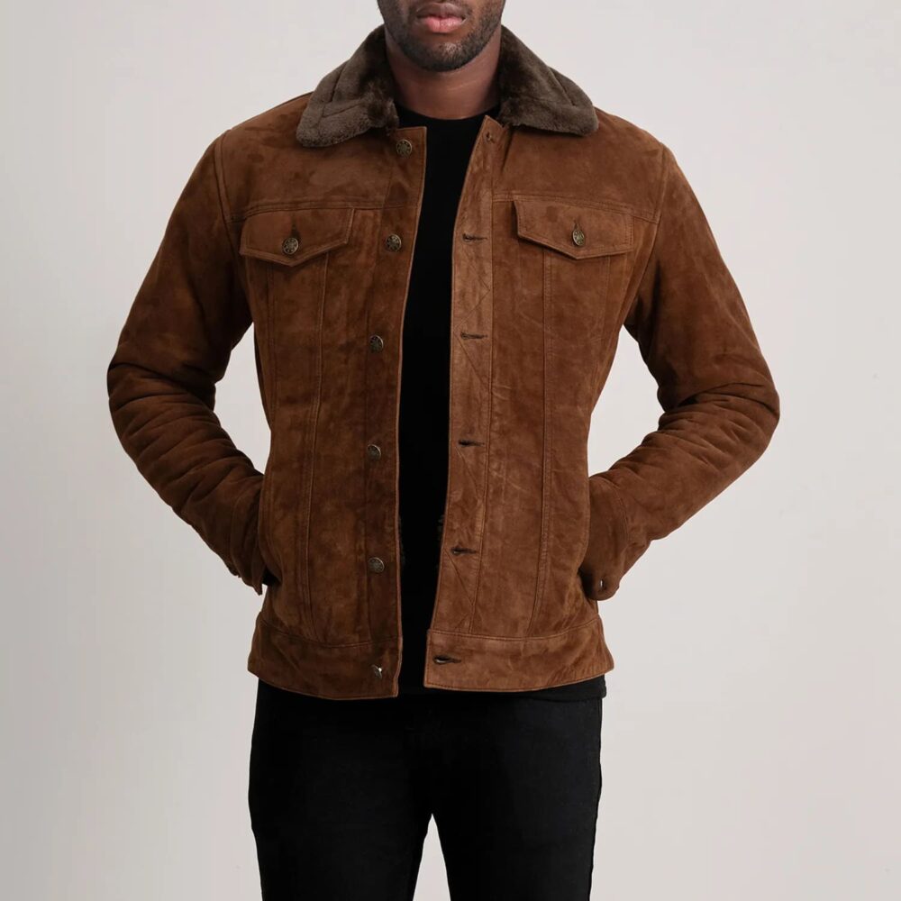 Axel Brown Suede Shearling Trucker Jacket for Men