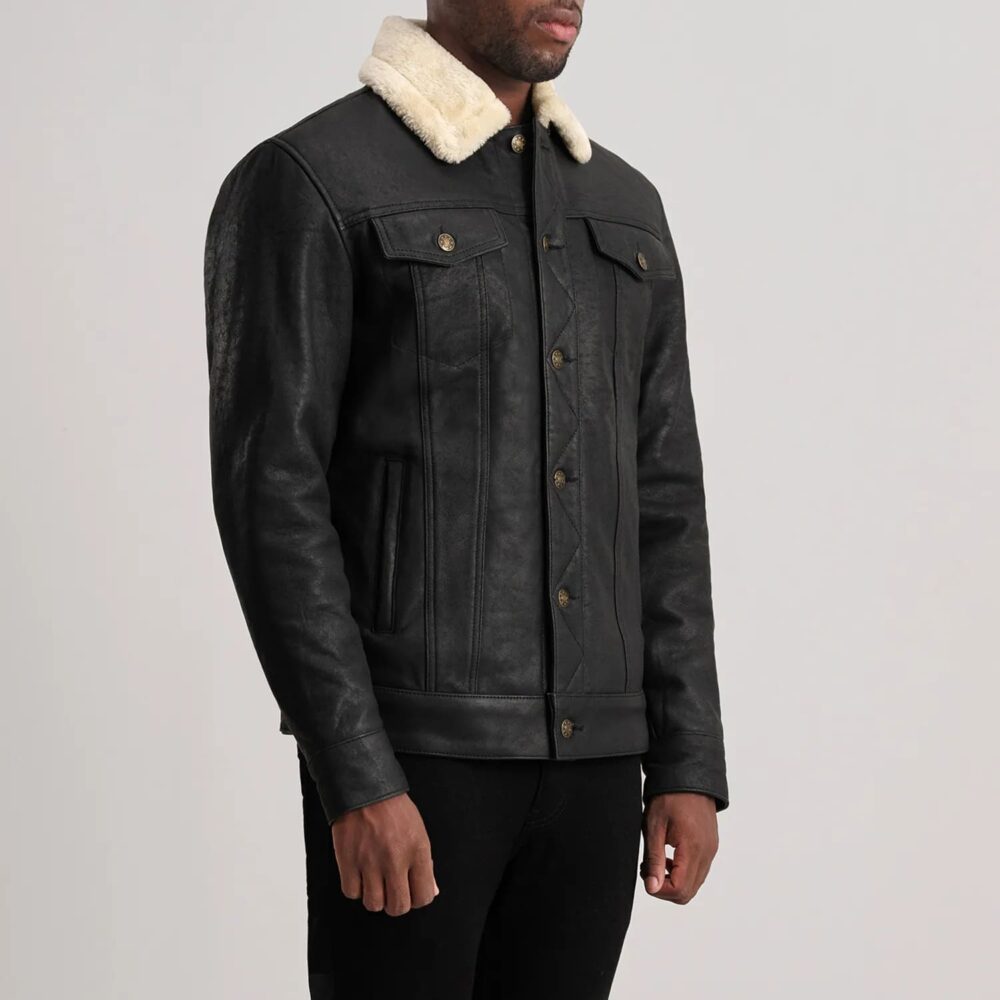 Axel Tumbled Black Shearling Trucker Jacket for Men