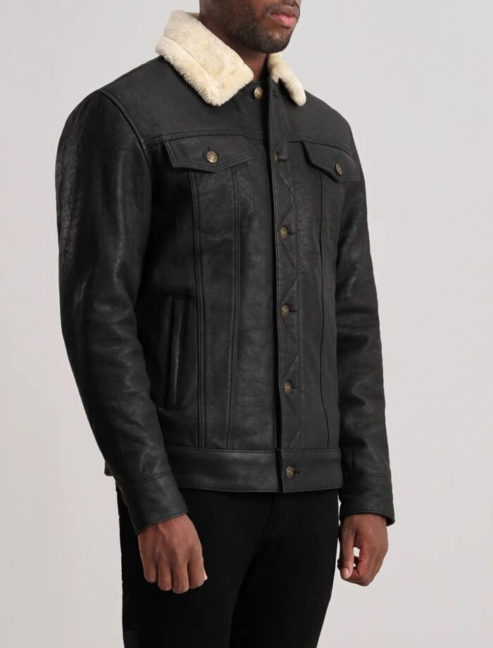 Axel Tumbled Black Shearling Trucker Jacket for Men