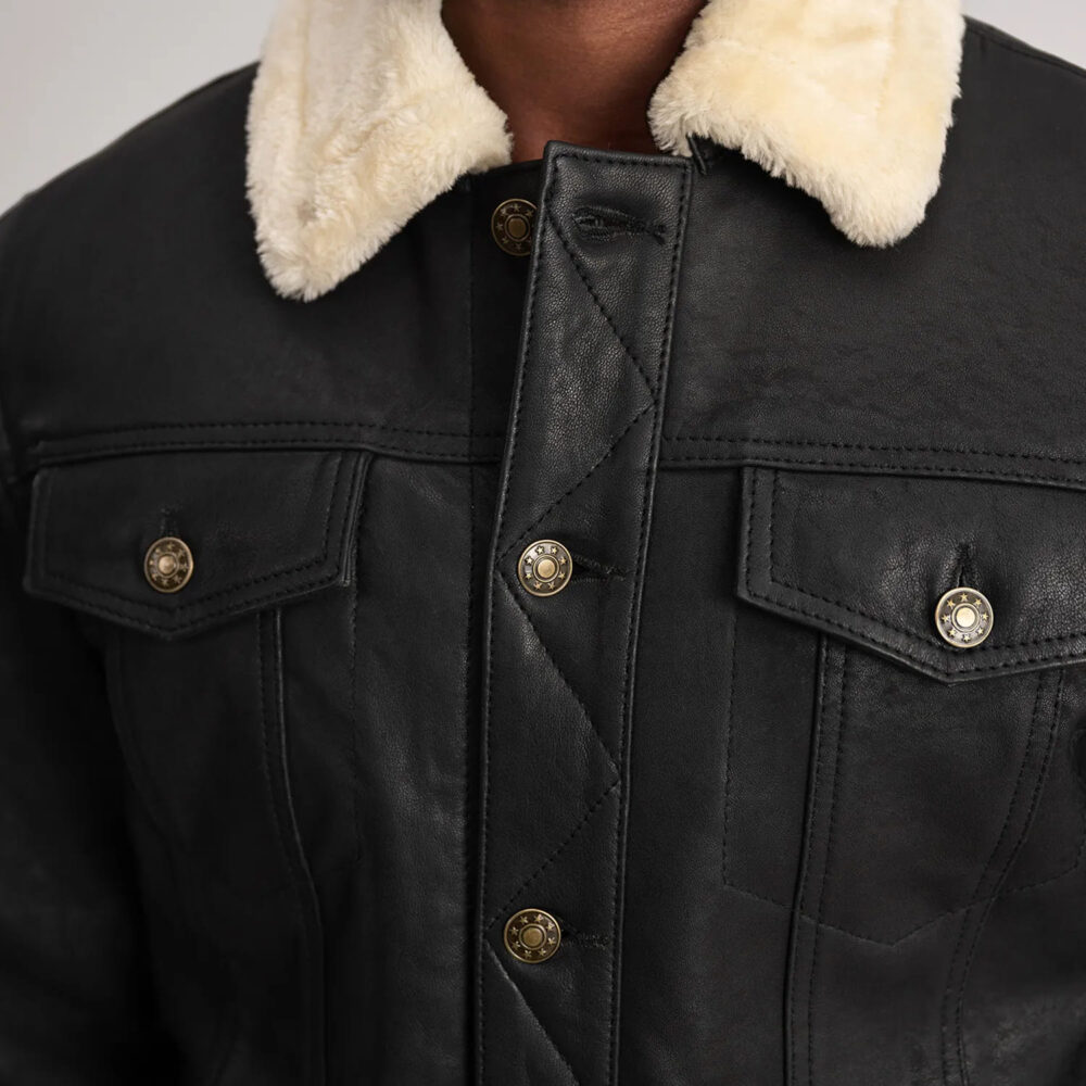 Axel Tumbled Black Shearling Trucker Jacket for Men