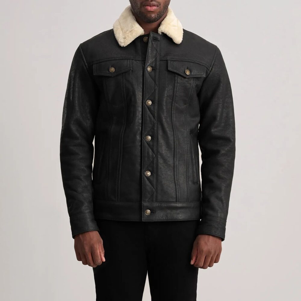 Axel Tumbled Black Shearling Trucker Jacket for Men