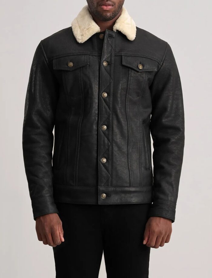 Axel Tumbled Black Shearling Trucker Jacket for Men