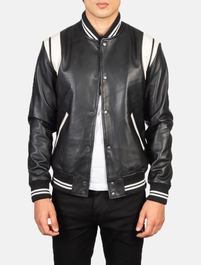 Vandro Black & White Leather Varsity Jacket for Men