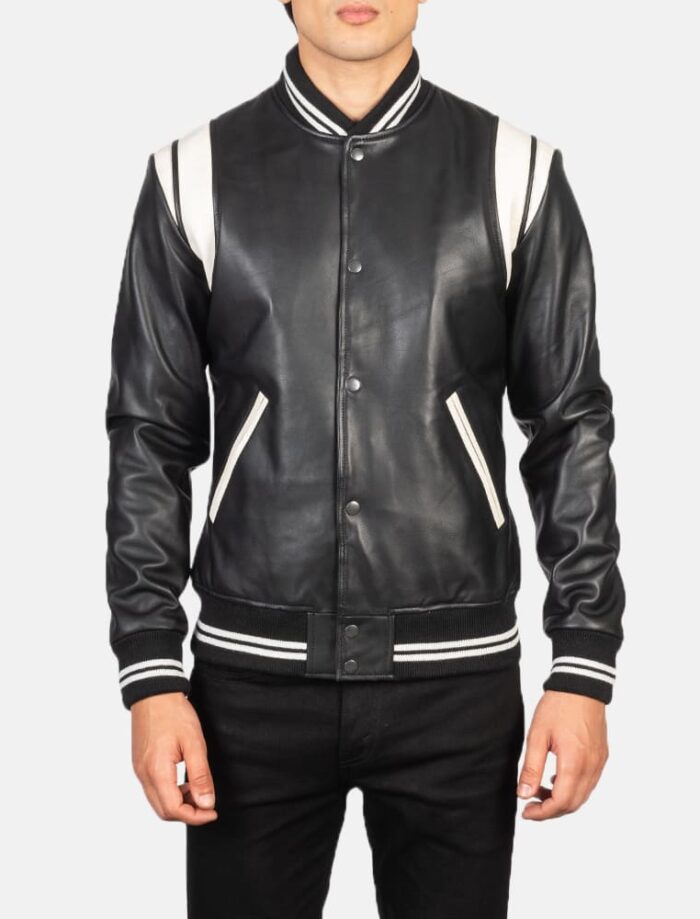 Vandro Black & White Leather Varsity Jacket for Men