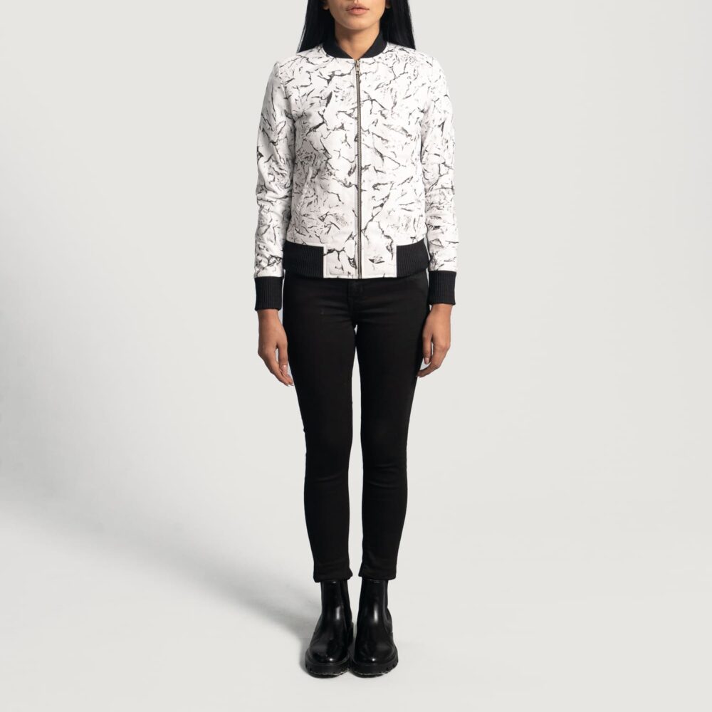 Ivory Mist White Leather Bomber Jacket for Women