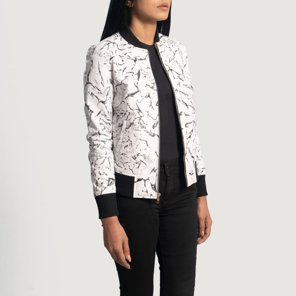 Ivory Mist White Leather Bomber Jacket for Women