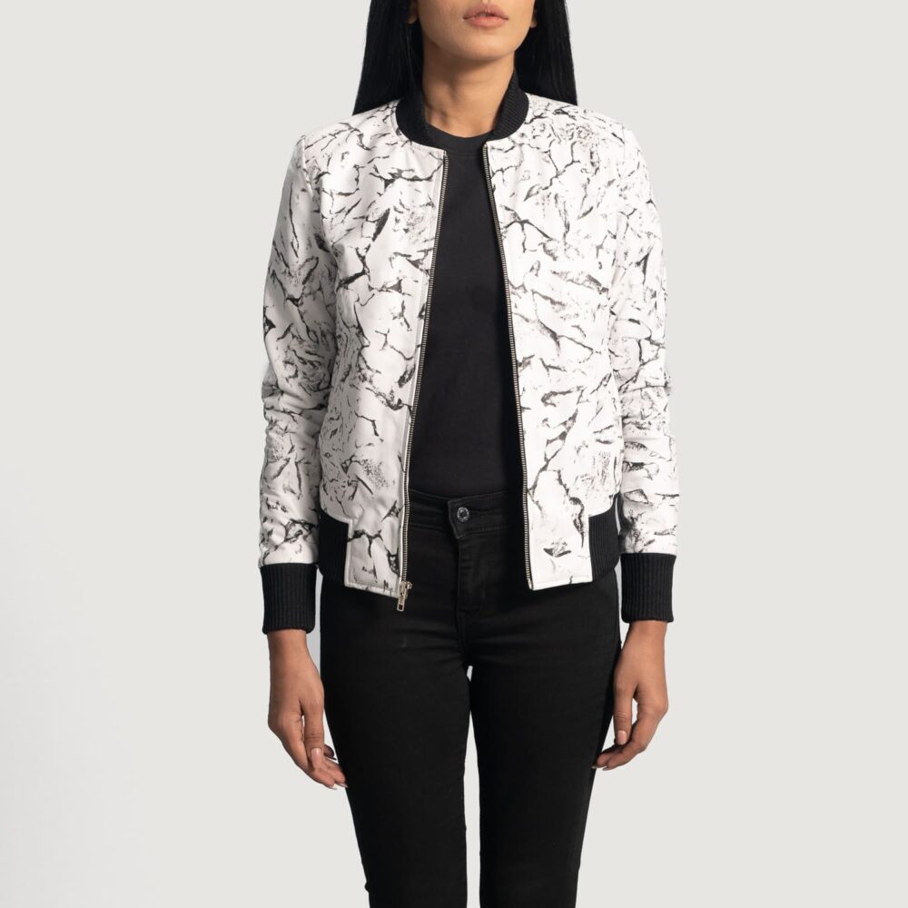 Ivory Mist White Leather Bomber Jacket for Women